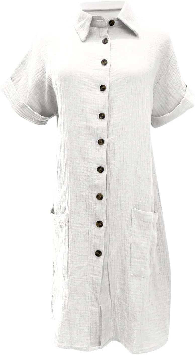 Womens Shirts Dresses Fashion Solid Color Cotton Short Sleeves Button up Lapel Midi Dress Summer Beach Sundress