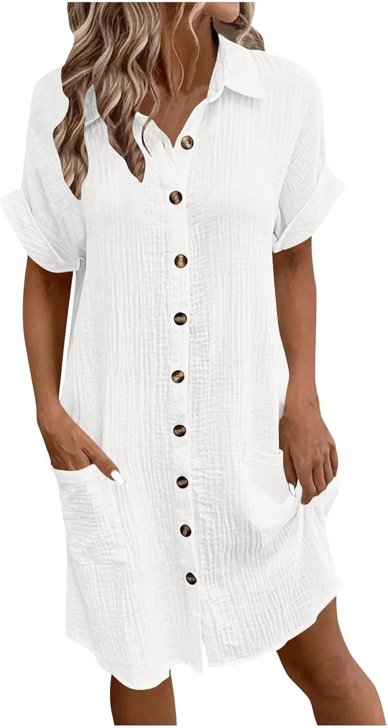 Womens Shirts Dresses Fashion Solid Color Cotton Short Sleeves Button up Lapel Midi Dress Summer Beach Sundress