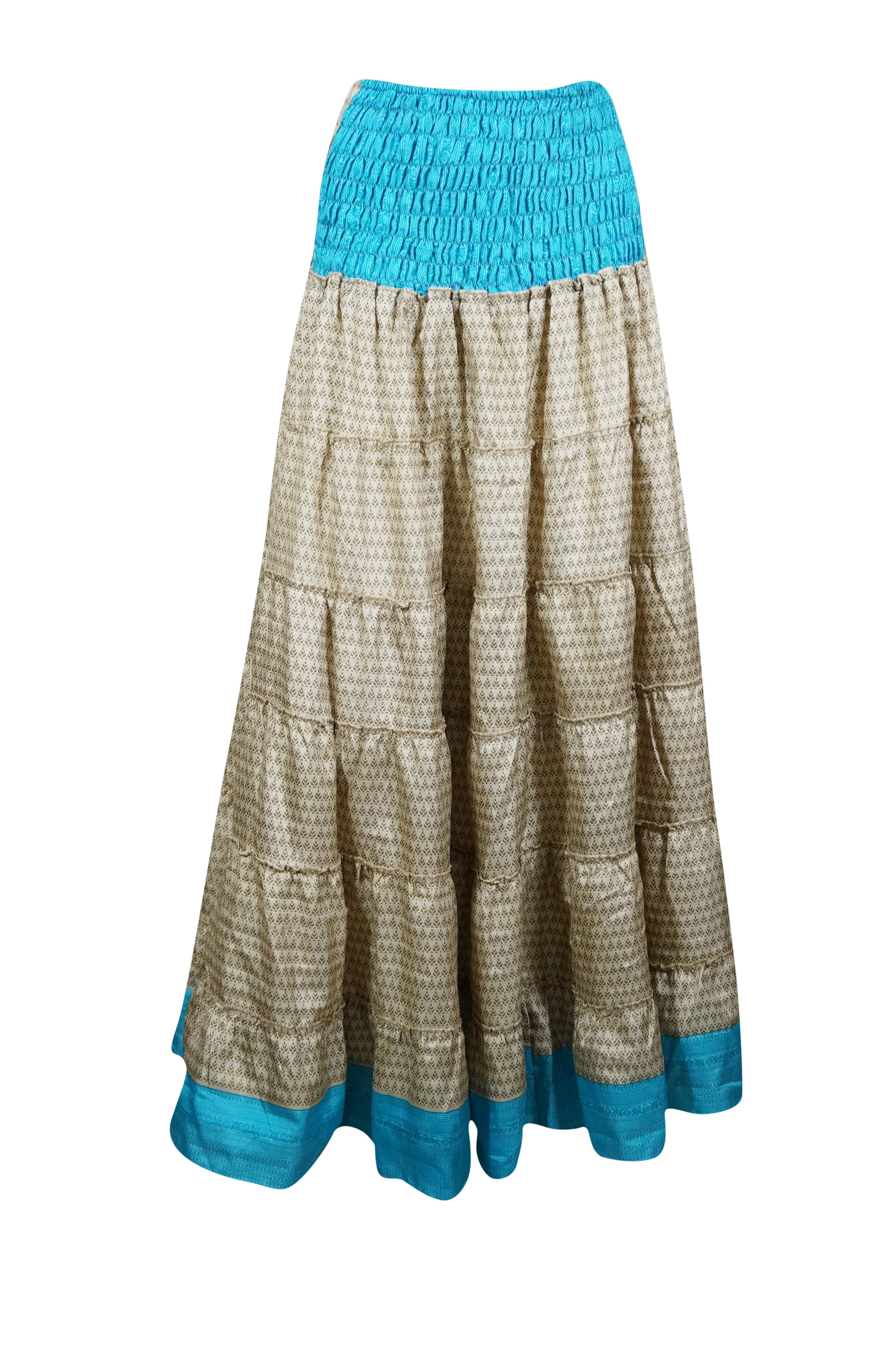 Women's Skirt Beige Blue Stylish Maxi Skirt Patchwork Boho Skirt Dress S/M