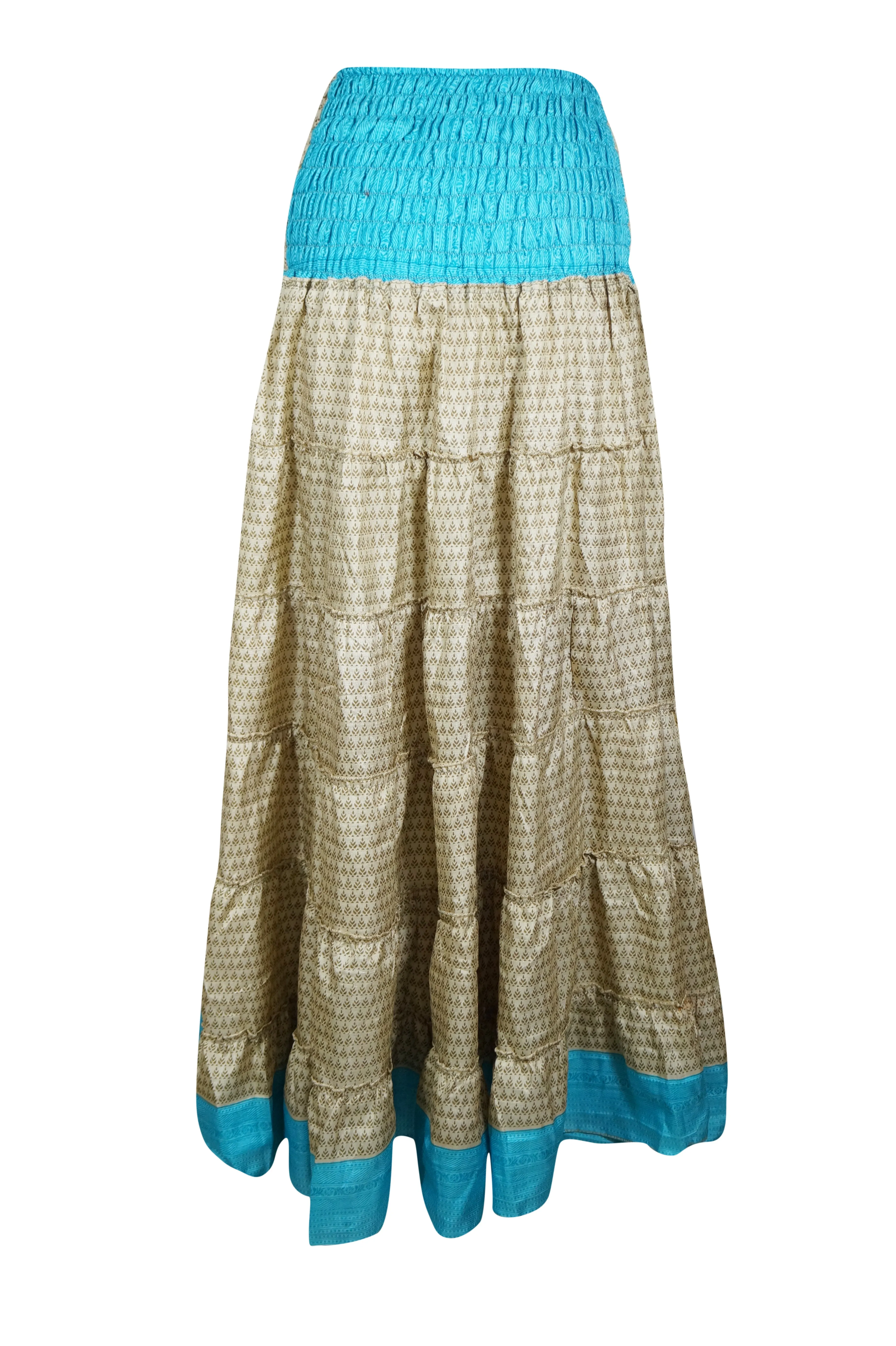 Women's Skirt Beige Blue Stylish Maxi Skirt Patchwork Boho Skirt Dress S/M