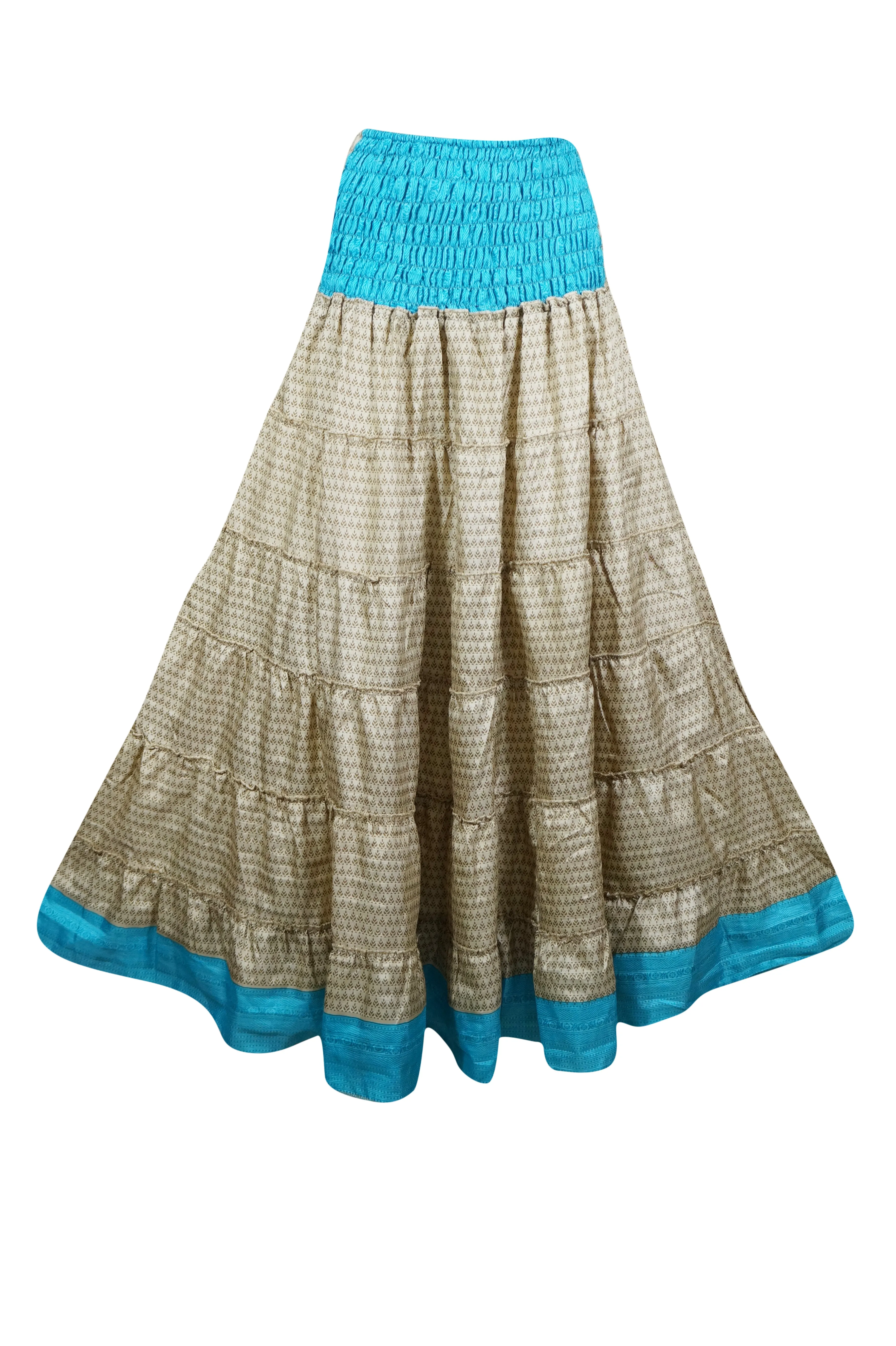Women's Skirt Beige Blue Stylish Maxi Skirt Patchwork Boho Skirt Dress S/M