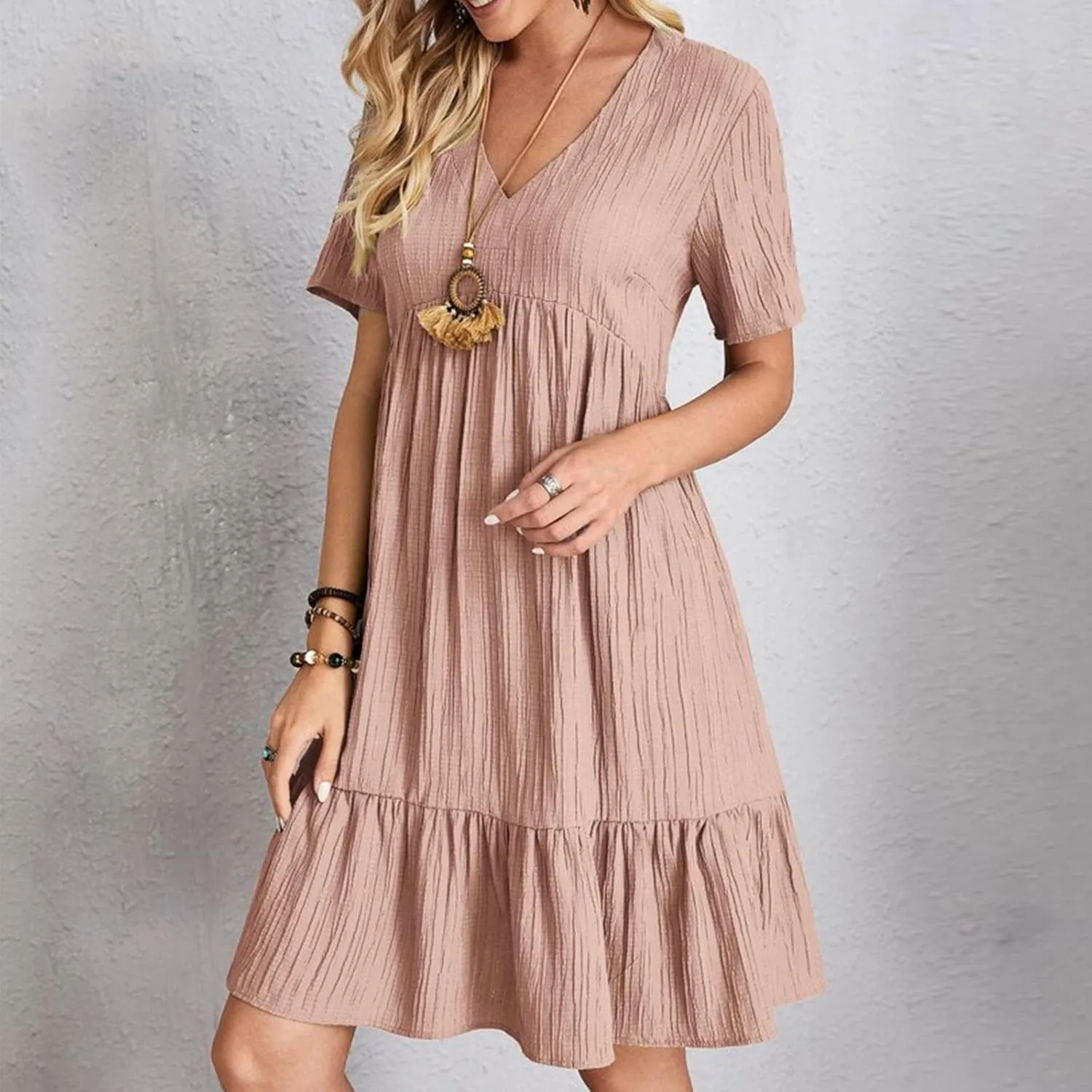Women's Summer Dress 2024 Loose Crew Neck Short Sleeve Solid Sundress Casual Pleated Flowy Beach Mini Dresses