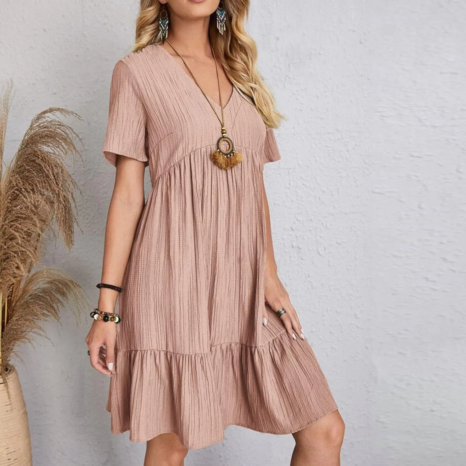 Women's Summer Dress 2024 Loose Crew Neck Short Sleeve Solid Sundress Casual Pleated Flowy Beach Mini Dresses