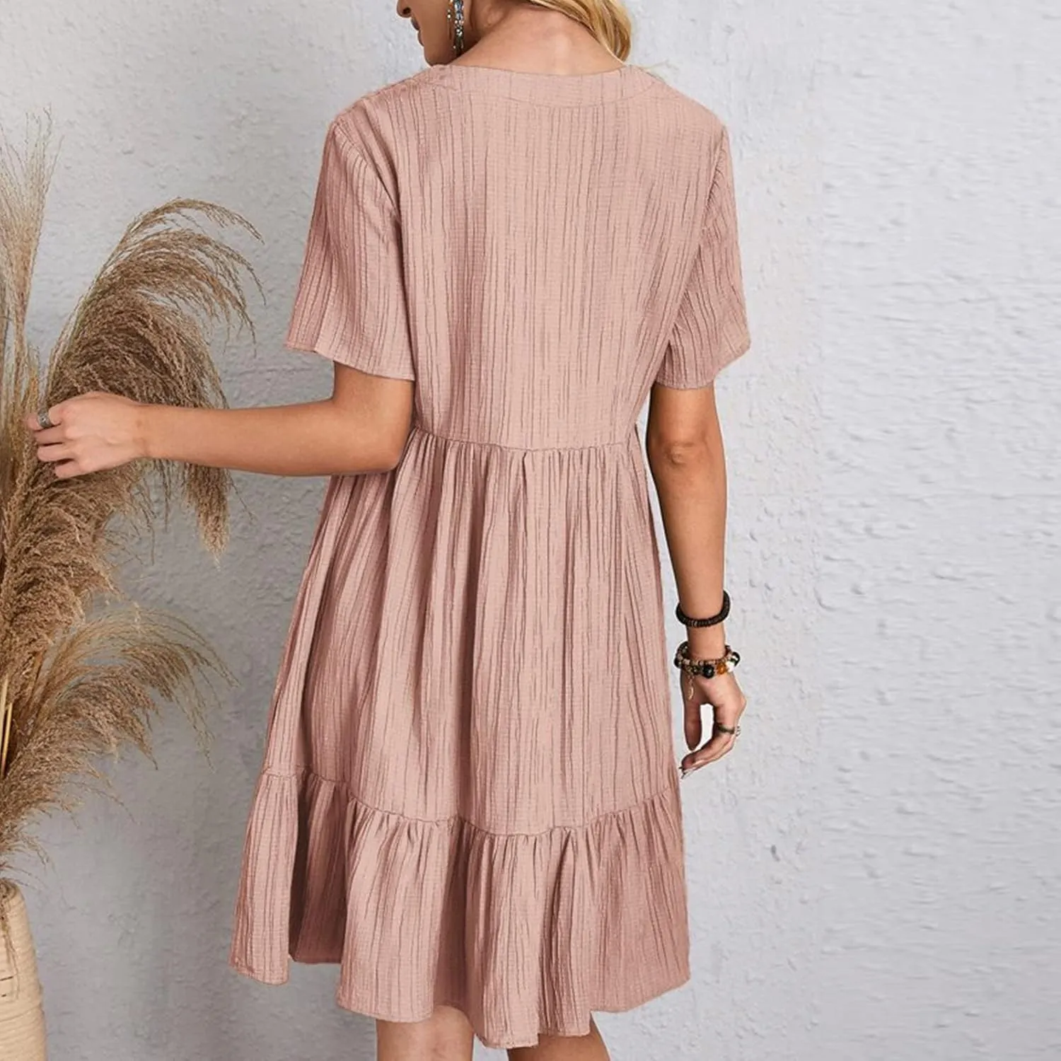Women's Summer Dress 2024 Loose Crew Neck Short Sleeve Solid Sundress Casual Pleated Flowy Beach Mini Dresses