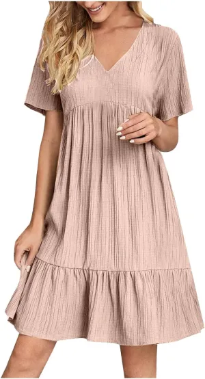 Women's Summer Dress 2024 Loose Crew Neck Short Sleeve Solid Sundress Casual Pleated Flowy Beach Mini Dresses