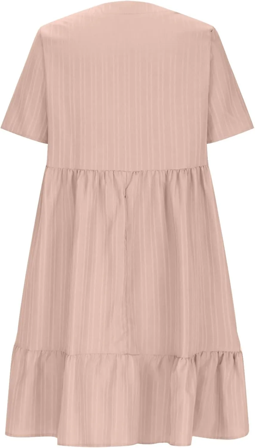 Women's Summer Dress 2024 Loose Crew Neck Short Sleeve Solid Sundress Casual Pleated Flowy Beach Mini Dresses