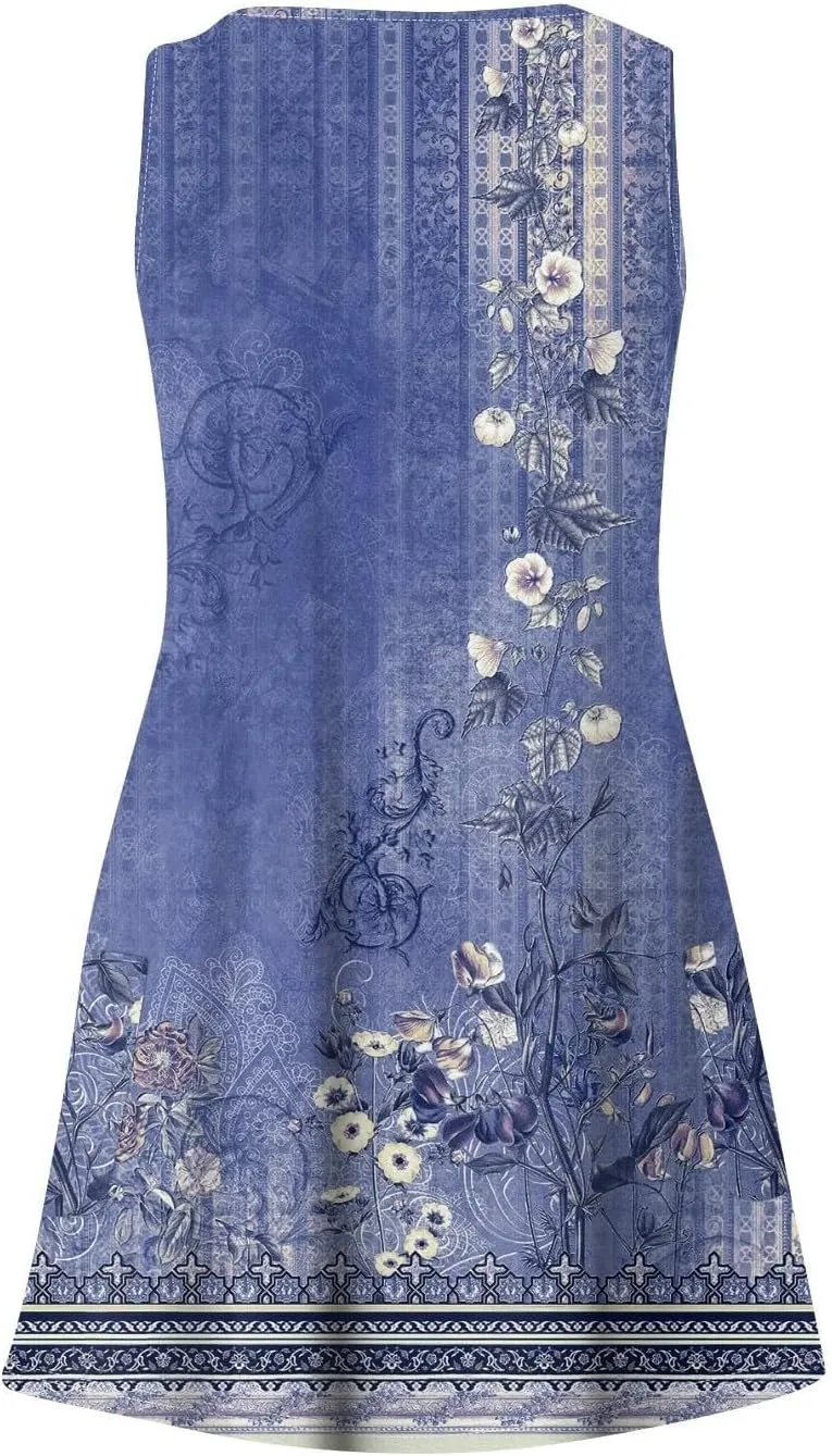Women's Summer Dresses 2025 Beach Casual Sleeveless Floral Print Boho Tank Dress V Neck Ruffle Dresses