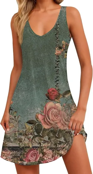Women's Summer Dresses 2025 Beach Casual Sleeveless Floral Print Boho Tank Dress V Neck Ruffle Dresses
