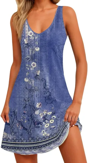 Women's Summer Dresses 2025 Beach Casual Sleeveless Floral Print Boho Tank Dress V Neck Ruffle Dresses