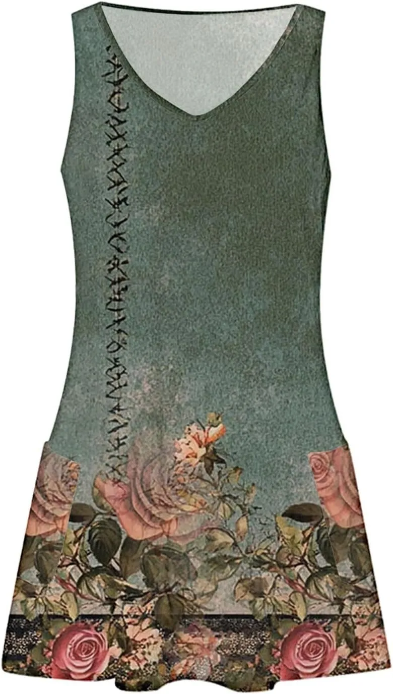 Women's Summer Dresses 2025 Beach Casual Sleeveless Floral Print Boho Tank Dress V Neck Ruffle Dresses