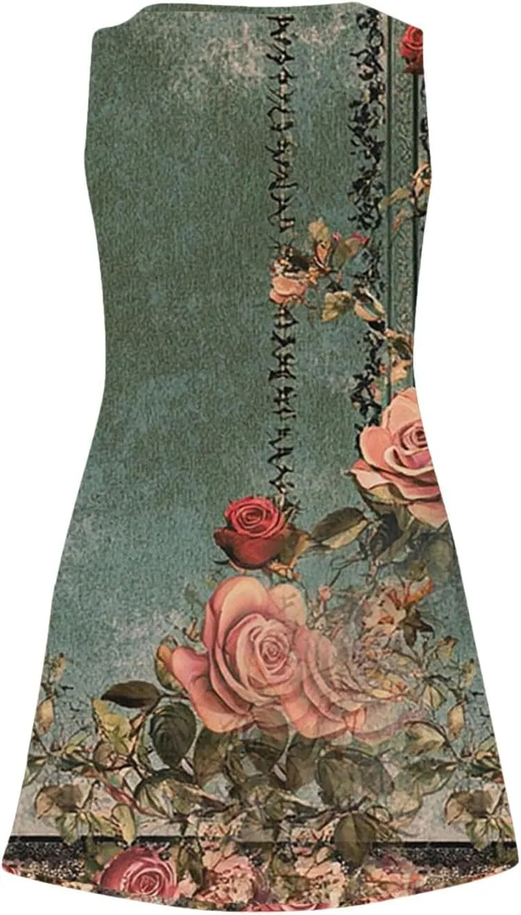 Women's Summer Dresses 2025 Beach Casual Sleeveless Floral Print Boho Tank Dress V Neck Ruffle Dresses