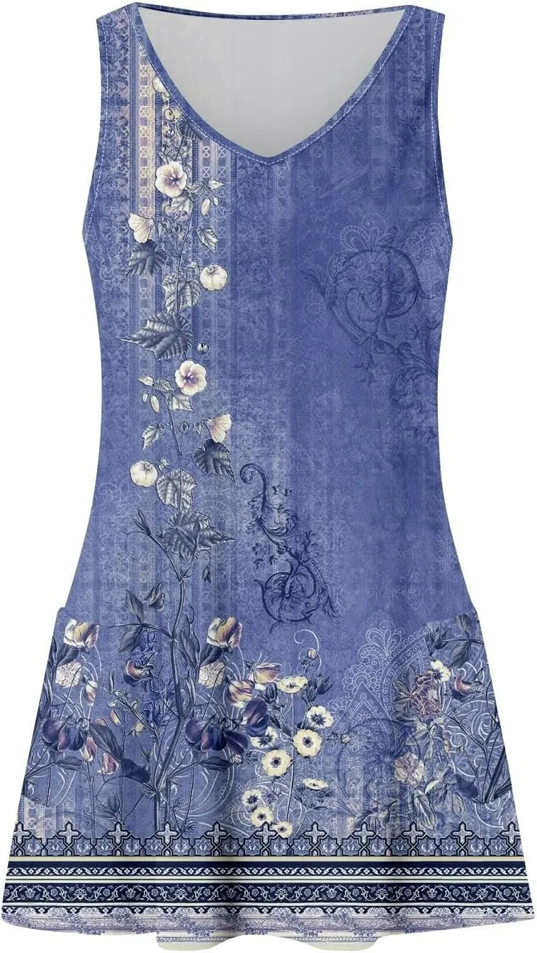 Women's Summer Dresses 2025 Beach Casual Sleeveless Floral Print Boho Tank Dress V Neck Ruffle Dresses