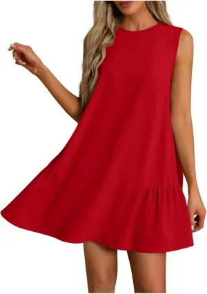 Womens Summer Dresses Casual Sleeveless Ruffle Hem Mini Dress Crewneck T Shirt Sundresses 2025 Loose Vacation Dress