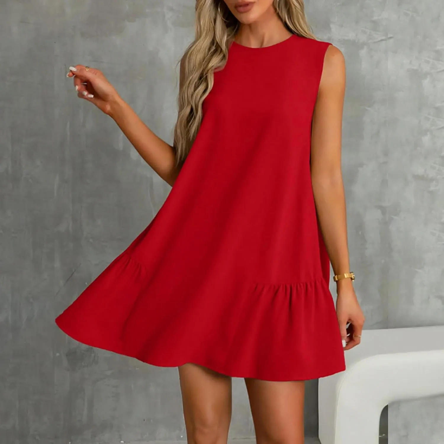 Womens Summer Dresses Casual Sleeveless Ruffle Hem Mini Dress Crewneck T Shirt Sundresses 2025 Loose Vacation Dress