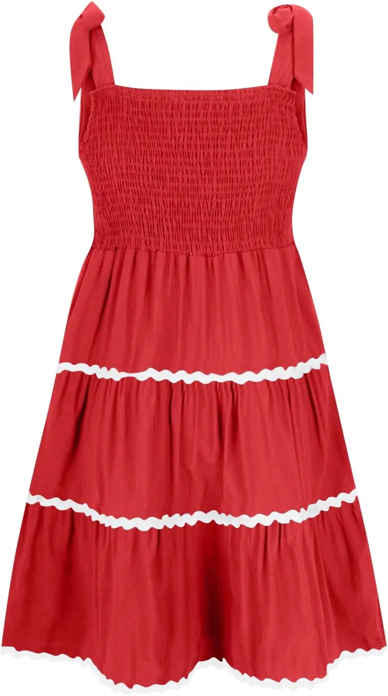 Womens Summer Mini Dress Boho Spaghetti Straps Color Block Swing Dress Casual Square Neck Backless Smocked Sundress