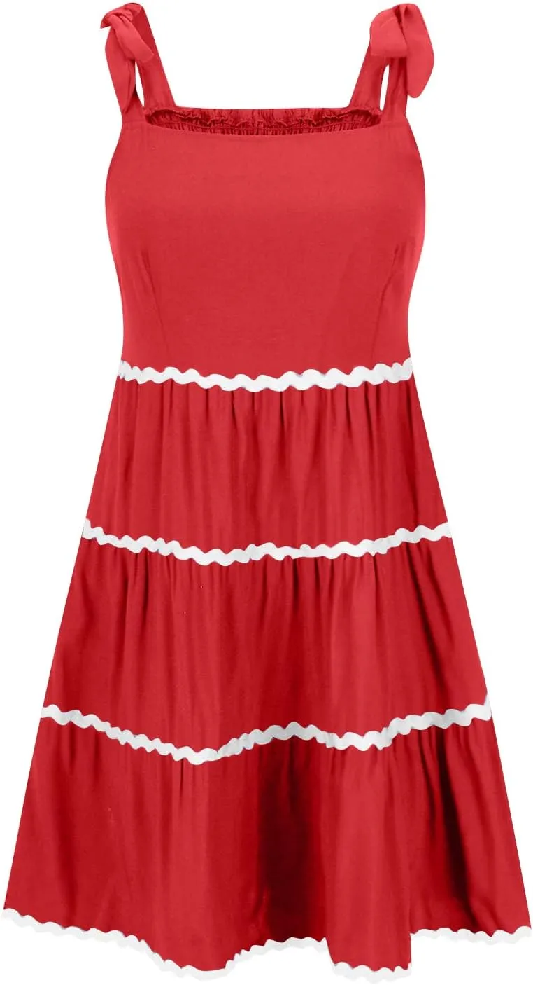 Womens Summer Mini Dress Boho Spaghetti Straps Color Block Swing Dress Casual Square Neck Backless Smocked Sundress