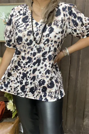 XCH15619 Black/light tan leopard printed short sleeve V-neckline women tops